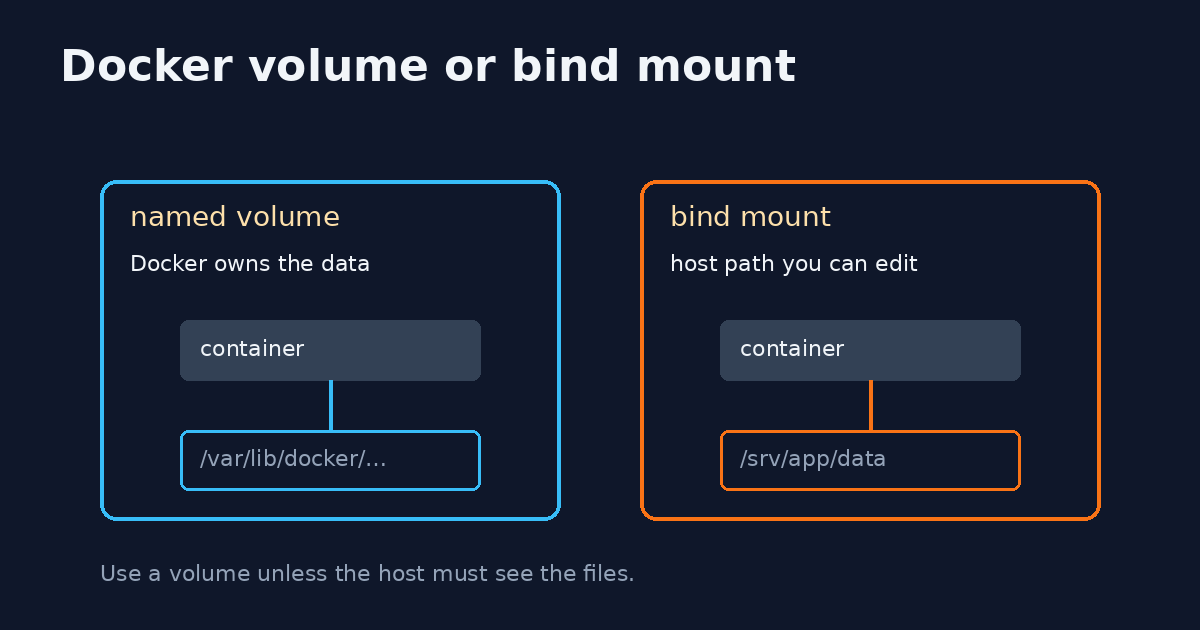 Diagram: a named volume owned by Docker next to a bind mount mapped to a host path