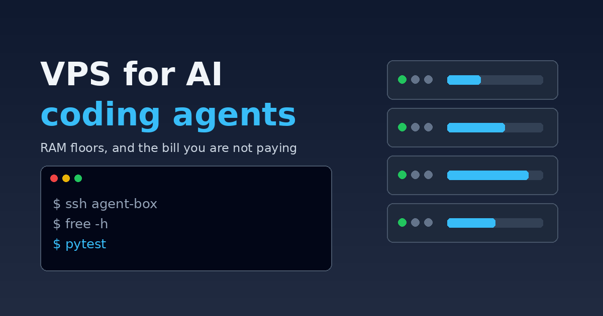Illustration of a terminal running ssh, free -h and pytest beside a stack of servers with memory bars, for a guide to choosing a VPS for AI coding agents